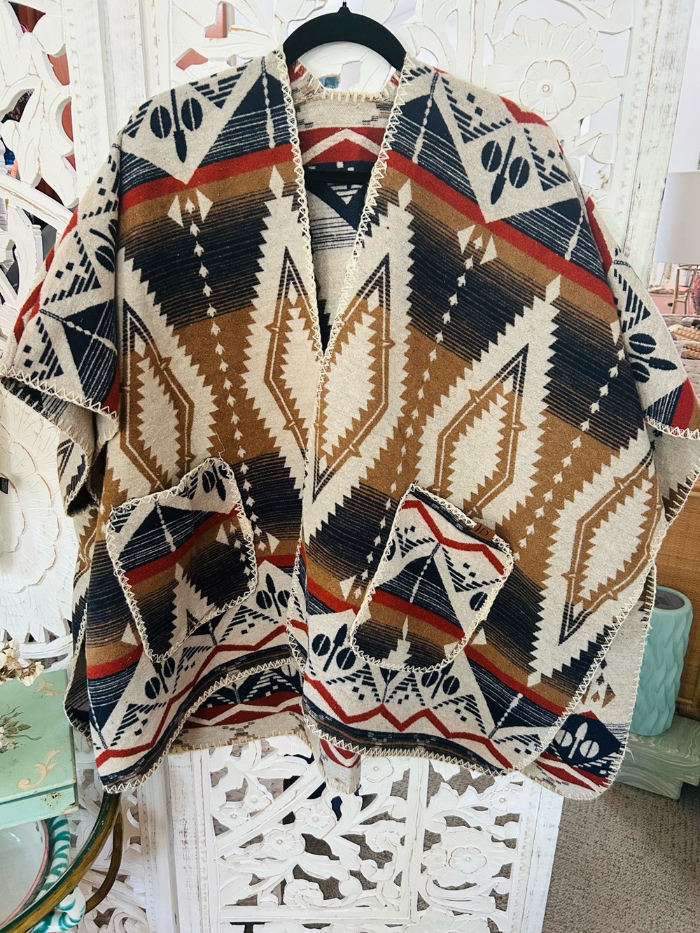 Vici Aztec Open-Front Poncho in Cream, Brown & Navy